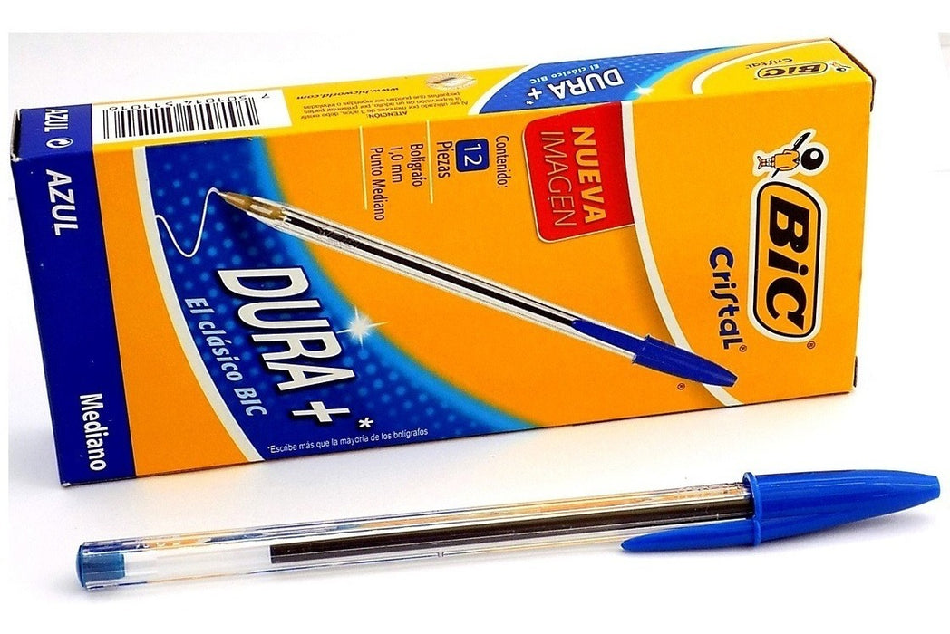 Plumas Bic Cristal Dura+ Punto Mediano Azul 12 piezas